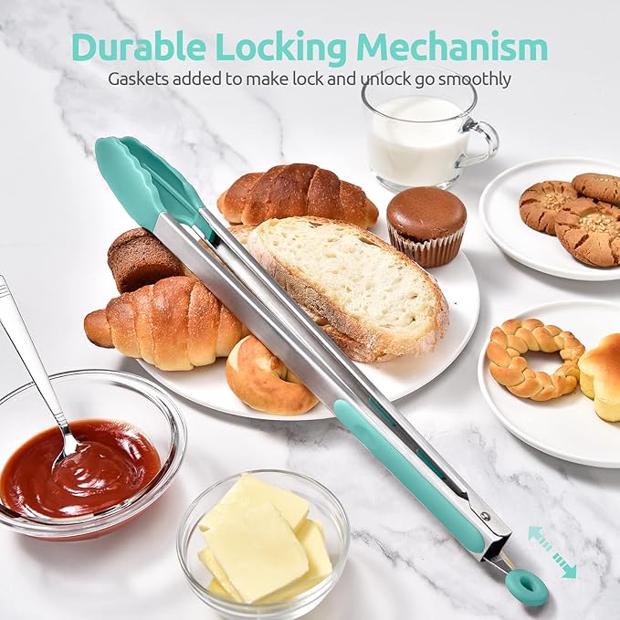 600쨘F Heat Resistant Kitchen Tongs: U-Taste 16 in Extra Long Large Silicone Cooking Tong with Sturdy Non Stick Rubber Tips & Non Slip Silicon Coated 18/8 Stainless Steel Handle for Grill BBQ(Aqua Sky)