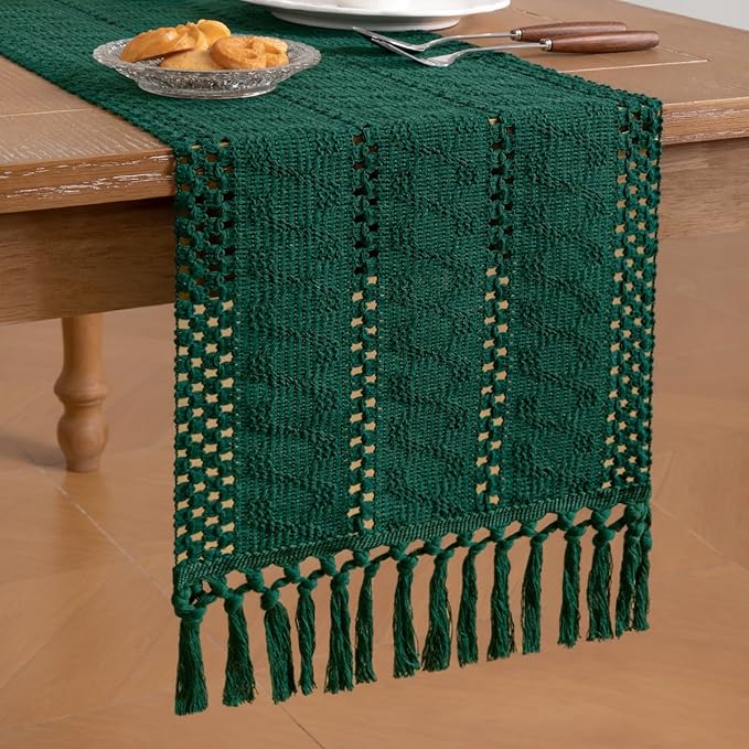 Socomi Boho Table Runner Valentine's Day Farmhouse Rustic Dining Kitchen Centerpiece Decor Small Macrame Woven Cotton Linen Coffee Table Runner for Dresser Scarf Home Decor 12x36 inch Emerald Green