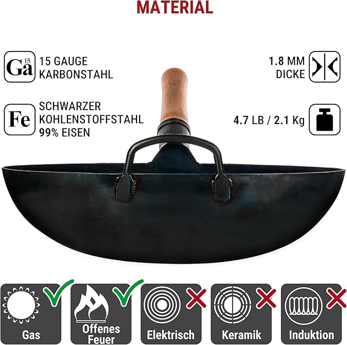YOSUKATA Blue Round Bottom Wok Pan ??14" Stir Fry Pans Premium Wok Cover 14 inch - Wooden Lid