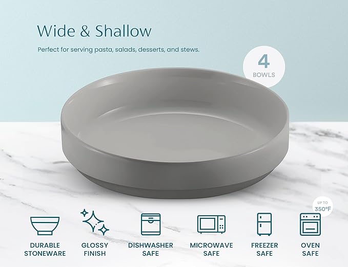 KooK Ceramic Large Pasta Bowls, Microwave and Dishwasher Safe, Great for Soups and Salads, Shallow Serving Bowls, Glossy Porcelain, 47 oz, Set of 4, Powder Grey