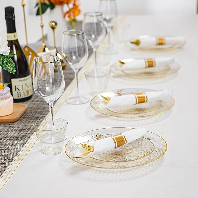 HOMIP 175 Pcs Plastic Dinnerware Set (25 Guests), Clear Party Plates Include 25 Dinner Plate, 25 Dessert Plate, 25 Cups, 25 Gold Cutlery Set And Pefect for Party and Wedding