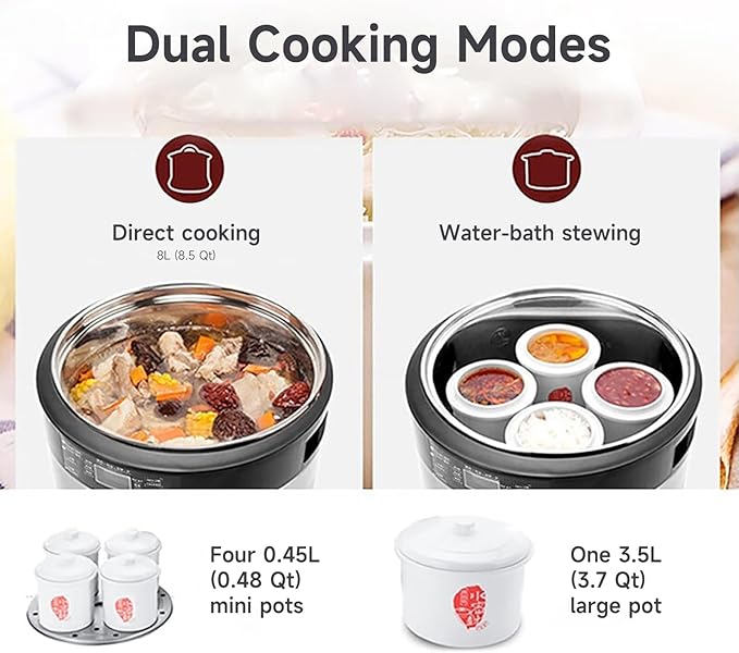 Joydeem Electric Stew Pot, 8.5Qt Stainless Steel Inner Pot with 5 Ceramic Liners (3.5L + 4 × 0.45L), Dual Cooking Modes, Brushed Stainless-Steel Exterior, For Soup, Congee & Bird?™s Nest, DDG-B350