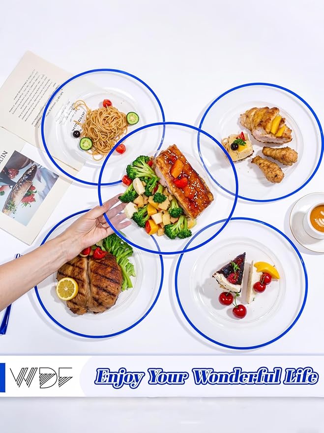WDF 12 Inch Disposable Charger Plates - 25Pack Plastic Clear and Blue Charge Plates Perfect for Dinner/Wedding/Party/Elegant Tabletop Decor