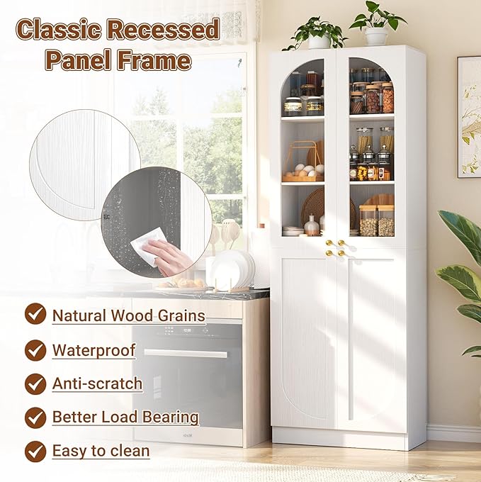Cyclysio 80" Kitchen Pantry Cabinet, Tall Arch Storage Cabinet with Glass Doors, Freestanding Wood Floor Cupboard Bookcase with Seamless Fit Wall for Dining Room, Living Room, Bathroom (White)