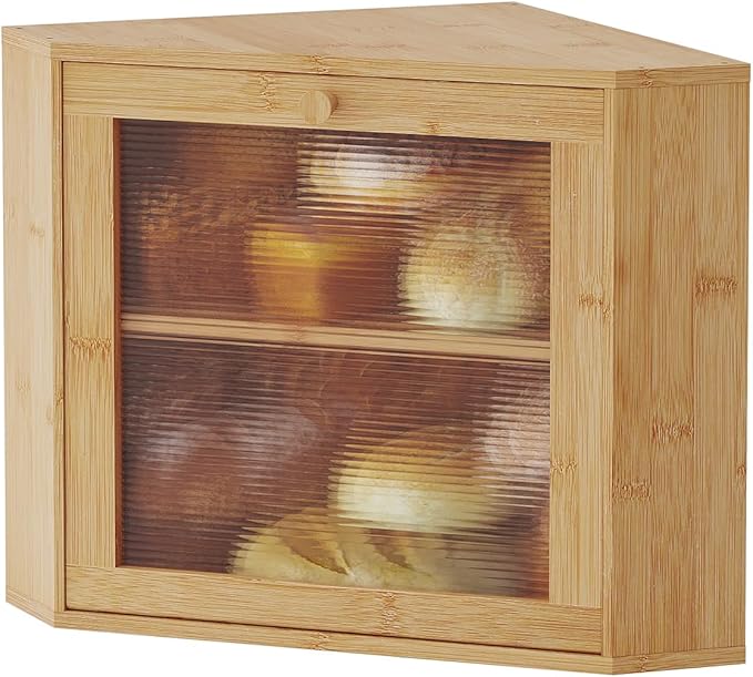 Bamboo Corner Bread Box for Kitchen Countertop - Wavy Acrylic Door, Adjustable 2-Layer Bread Storage Container, Large Bread Holder