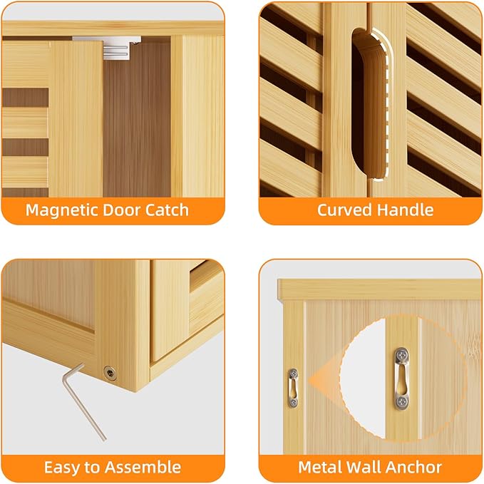 HITNET Bathroom Wall Cabinet, Medicine Cabinet Over The Toilet, Bamboo Hanging Storage Organizer with 2 Doors and Adjustable Shelf for Kitchen, Living Room, Natural