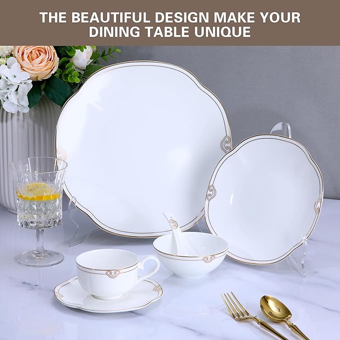 24 Piece White Porcelain Dinnerware,Bone china Set for 4,Plates and Bowls Sets With Double Gold Rim, Highly Chip and Crack Resistant | Dishwasher Safe Dishes Set (White & Double Gold Rim)