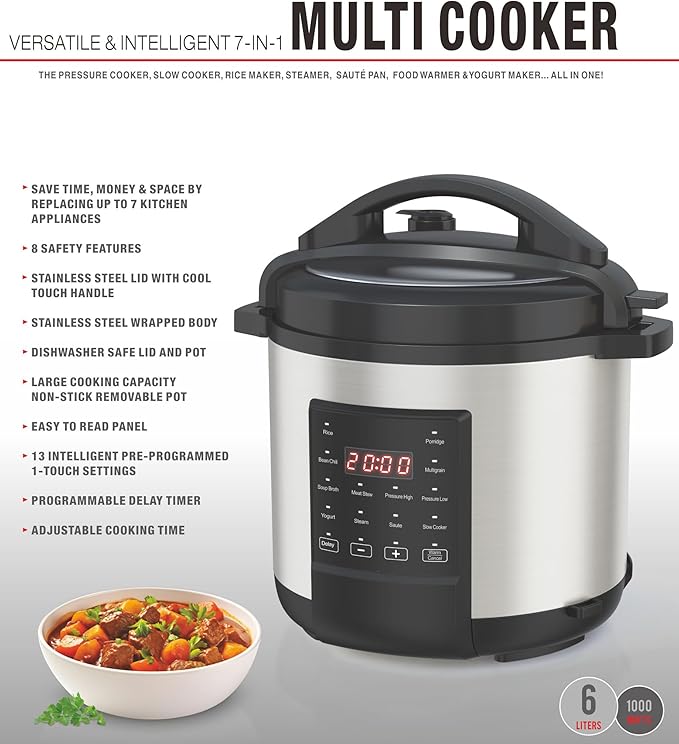 EMB Ironblade 7-in-1 Multi Cooker, 6-Liter, 1000W Stainless Steel Programmable Pressure Cooker, Slow Cooker, Rice Maker, Steamer, Saut챕 Pan, Food Warmer, Yogurt Maker