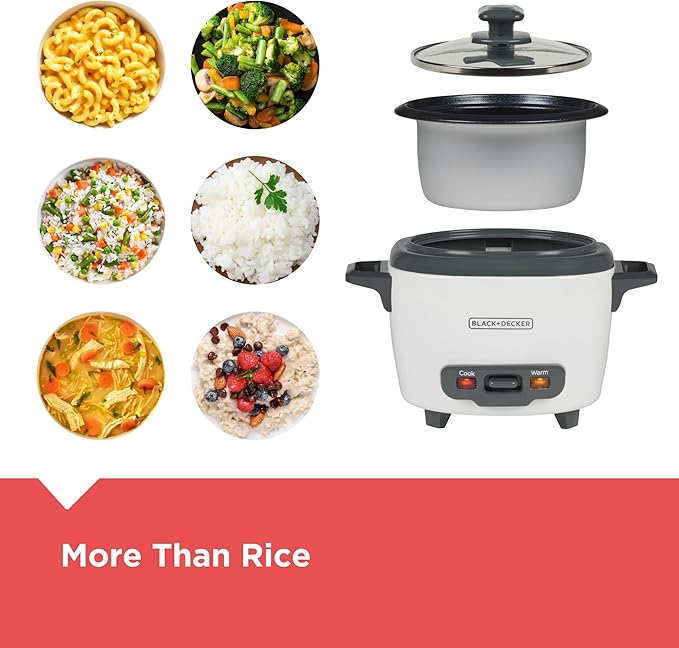 BLACK+DECKER 3-Cup Rice Cooker, RC503, 1.5-cup Uncooked Rice, Steaming Basket, Removable Non-Stick Bowl, One Touch, White