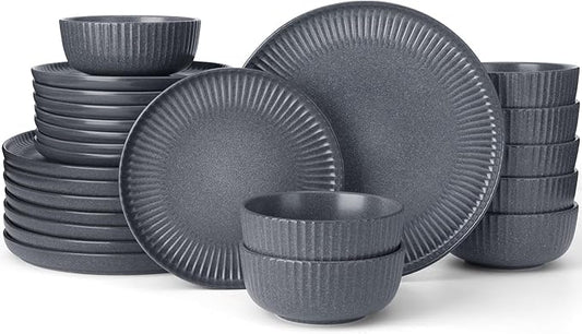 Famiware Starlight Plates and Bowls Dishes Set of 8 (24 Pieces), Ribbed Textured Stoneware Dinnerware Sets- Dishwasher & Microwave Safe, Chip Resistant, Matte Midnight Grey