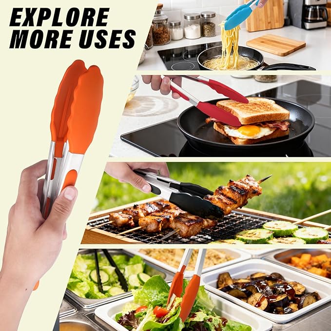 Salad Tongs, 7/9/12/16 Inch Silicone Food Tongs with 304 Stainless Steel Core, Easy-Grip, in Pistachio, Black, Blue, Orange, Red (Orang, 7inch)