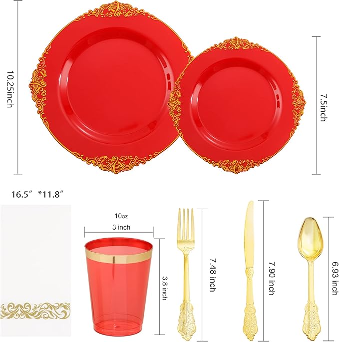 Morejoy 175PCS Red Plastic Plates,Red Disposable Plates With Gold Rim,Red and Gold Plastic Dinnerware Set Includes: 50 Plates,25 Silverware Sets,25 Cups,25 Napkins,Perfect for Party,Wedding,Christmas