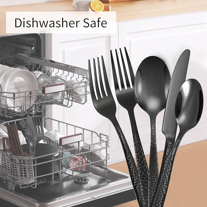 Flatware Set Black Hammered 45 Pieces Stainless Steel Cutlery Set Silverware Serving Set Service for 8 Home Event Use Wedding Housewarming Gift