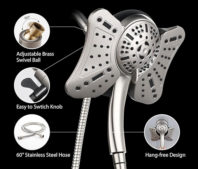 GRICH High Pressure Shower Head, Shower Heads with 9 Modes Handheld Spray Combo, 2 in 1 Rain Shower Head with Handheld Spray with 60" Hose, Adjustable Dual Showerhead with Anti-Clog Nozzles, Nickel