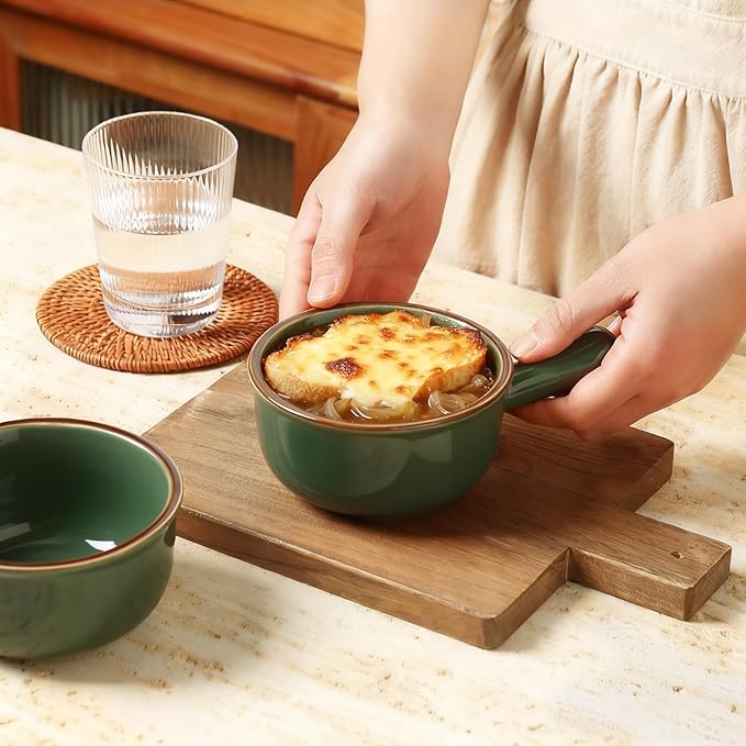 MONITO 16 Oz French Onion Soup Bowls, Ceramic Soup Bowls with Handles, Stackable Soup Crocks Oven Safe for Chili, Beef Stew, Cereal,Casseroles Microwave & Dishwasher Safe, Set of 4, Forest Green