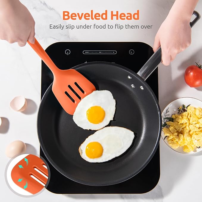 600쨘F Heat Resistant Silicone Turners: U-Taste 13.6in Long Solid & Slotted Kitchen Spatula Flipper, Large Flexible Cooking Utensil for Flipping Egg, Pancake in Nonstick Cookware(Orange, 2PCS)
