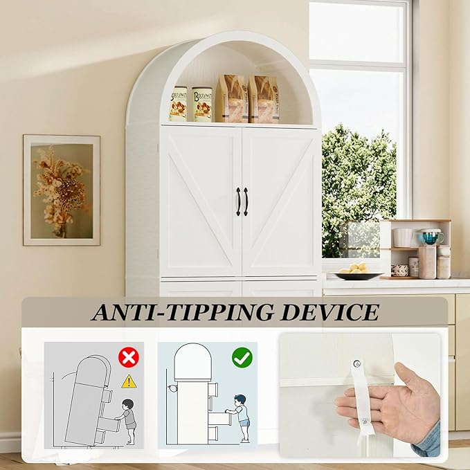 Arched Pantry Cabinet, 70" Tall Arched Cabinet with Adjustable Shelves and Induction 3 Color Lights, Kitchen Pantry Cabinets, Cupboard with Barn Doors for Kitchen or Living Room, White