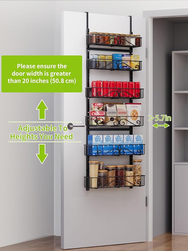 6-Tier Over the Door Pantry Organizer, Pantry Organization And Storage, Hanging Storage Organizer Spice Rack Metal Shelving for Home & Kitchen, Office Laundry Room Bathroom Black
