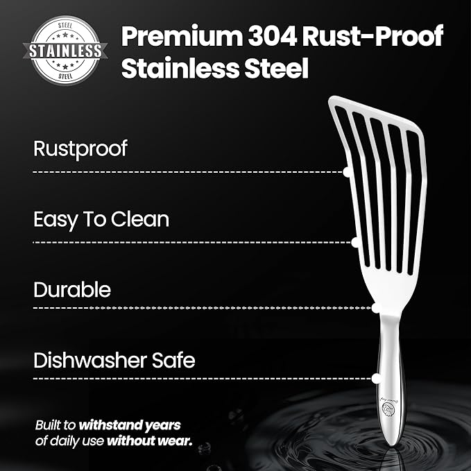 Stainless Steel Fish Spatula Set ??1 Large Fish Turner + 1 Small Metal Spatula, Ultra Thin Edge for Easy Turning & Flipping, Metal Kitchen Untensils with Ergonomic Non-Slip Handle, Dishwasher Safe