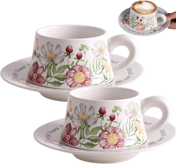 Teacup and Saucer Set with 2 Tea Cups and 2 Saucers Vintage Ceramic Espresso Coffee Mug for Coffee, Latte, Cappuccino