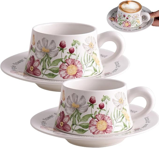 Teacup and Saucer Set with 2 Tea Cups and 2 Saucers Vintage Ceramic Espresso Coffee Mug for Coffee, Latte, Cappuccino