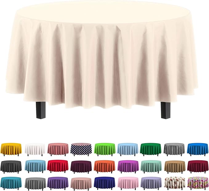 Party Solids 6-Pack Premium Plastic Tablecloth 84in. Round Plastic Table Cover - Ivory