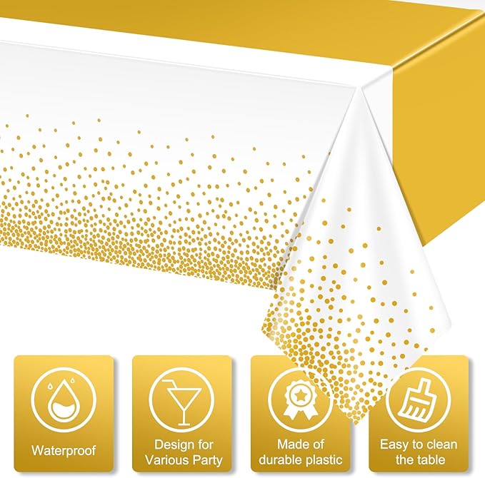 1Pcs White and Gold Tablecloth Party Decorations,Plastic White Table Cloth Printed Gold Table Runner Disposable Rectangle Tables Cover for Birthday Wedding Anniversary Graduation Party,54 x108 Inch