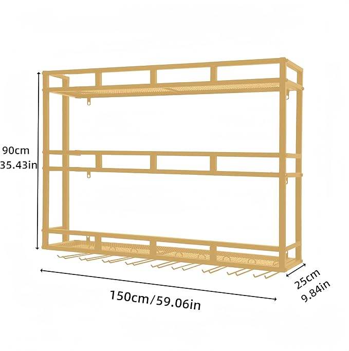 59 Inch Metal Wine Rack Wall Mounted, Bar Shelves for Liquor Bottles with LED Light, 3 Tier Large Capacity Liquor Rack Wall Mounted with Glass Holder for Home Bar & Dining Room, Gold