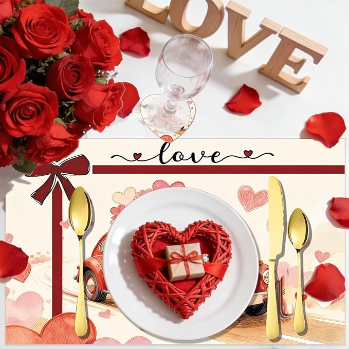 50Pcs Valentine's Day Paper Placemats, Love Heart Disposable Paper Place Mats with Coasters,16.5 x 11 Inch Valentines Table Mat for Valentine Wedding Anniversary Party Kitchen Dining Table Decor