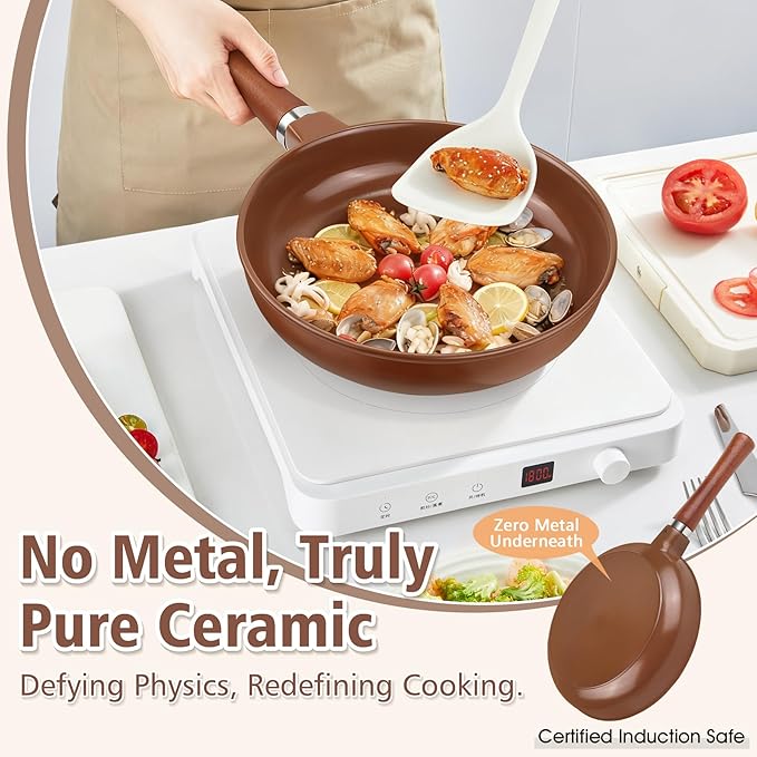 10-inch Pure Ceramic Frying Pan Skillet - Non-Toxic, PFOA/PFAS/PTFE Free, No Chemical Coating - Healthy Cooking - Solid Wood Handle (Brown)