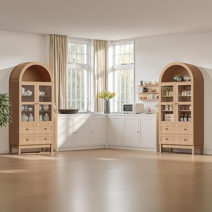 71" Tall Arched Kitchen Pantry, Storage Cabinet with Glass Doors, 2 Large Drawers & 3 Adjustable Shelves, Modern Farmhouse Design for Home Kitchens, Small Homes & Apartments
