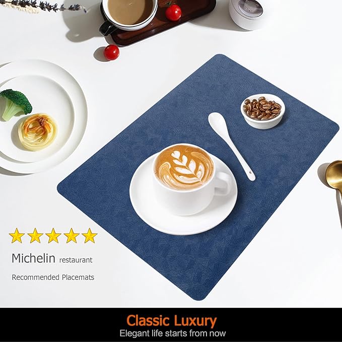 Uolr Vinyl Placemats Set of 4 Faux Leather 100% Waterproof Wipeable Washable Place Mats Heat Resistant Easy Clean Non-Slip Table Mats for Indoor Outdoor. (4,Blue)