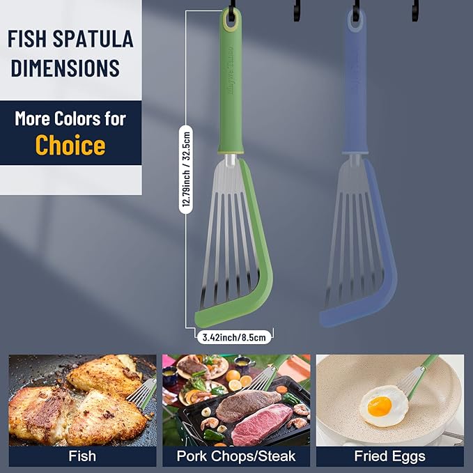 Fish Spatula,600??Heat Resistant Silicone Fish Spatula with Basting Brush,for Nonstick Cookware,Flexible Slotted Fishs Turner Spatulas,BPA Free,Dishwasher Safe(Green)
