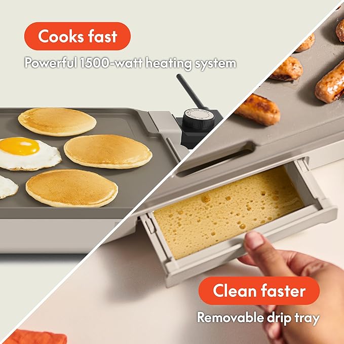 bella 12" x 22" Electric Griddle with EverGood??Ceramic Nonstick Coating, Removable Temperature Probe, Dishwasher-Safe Drip Tray & Cool Touch Handles, Cook up to 15 Eggs, 1500 Watt, Oatmilk