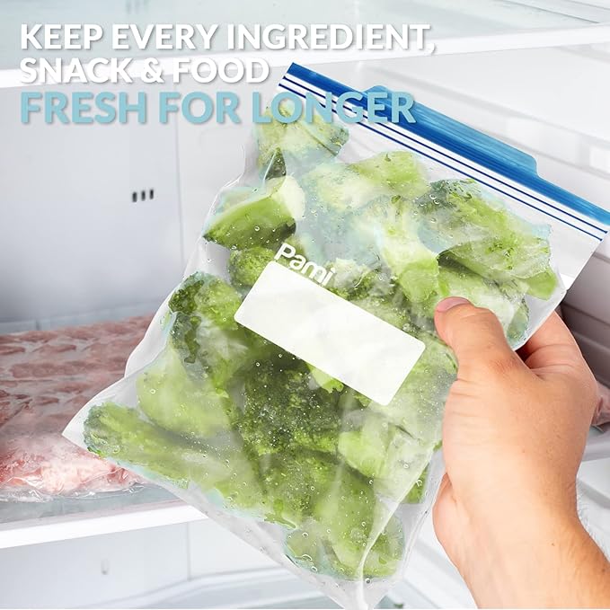 PAMI 60 Ct Reusable Leakproof Gallon Slider Freezer Bags with Expandable Bottom, Double Zipper Closure, Write on Label