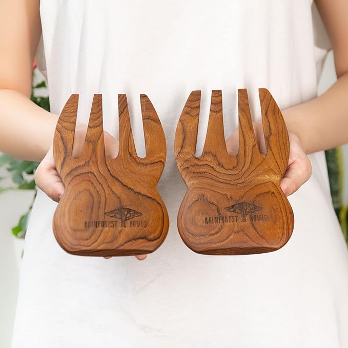 Rainforest Bowls Javanese Teak Wood Salad Serving Hands - Perfect for Mixing, Tossing & Serving Salad - Ultra-Durable- Premium Wooden Design Handcrafted by Indonesian Artisans
