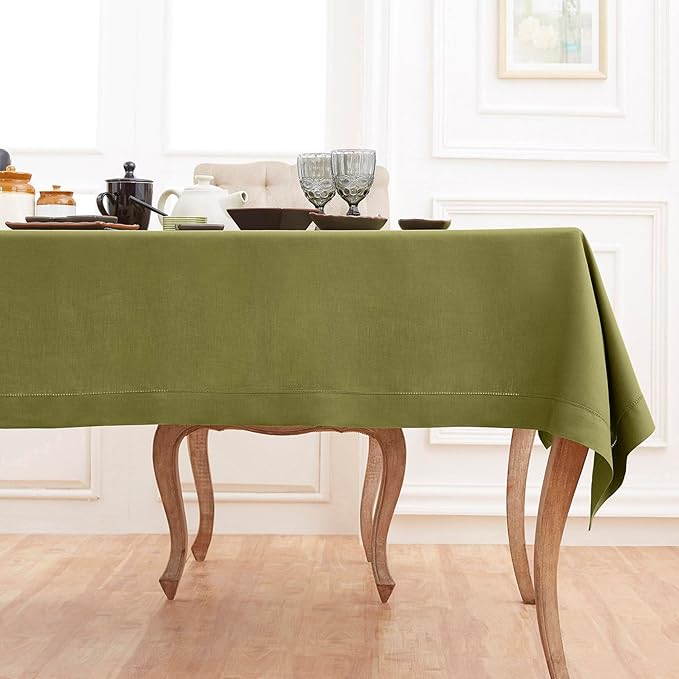 Solino Home Linen Avocado Green Tablecloth 60 x 120 Inch - Classic Hemstitch, 100% Pure Linen Rectangular Tablecloth - Machine Washable Table Cloth for Winter, Spring, Easter, St Patricks Day
