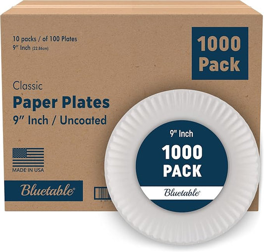 Bluetable 9 Inch Paper Plates Bulk ??1000 Count - Uncoated White 9??Dinner Plate Pizza Plate Decorative Craft Paper Plates Disposable Plates [1000 Pack/Case]