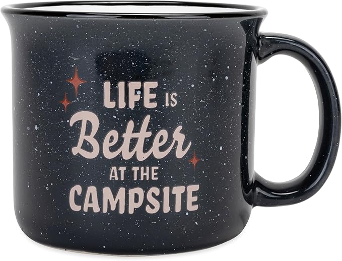 Camco Life is Better at The Campsite Ceramic Coffee Mug - Microwave and Dishwasher Safe - Features Speckled Blue Background with Life is Better at the Campsite Design - Coffee Cup Holds 14oz. (53473)