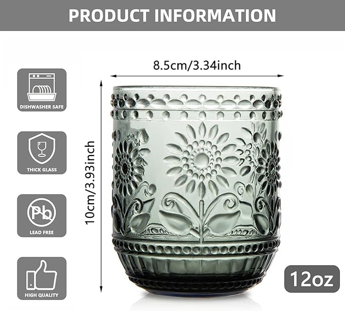 Luminthra Elegant Vintage Crystal Glassware Set, Embossed Floral Drinkware, 12oz Green and Multi-Color Glass Cups for Wine, Cocktails, and Beverages (Gray)