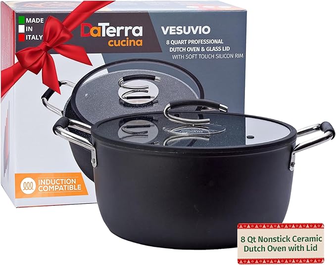 DaTerra Cucina ??8 Qt Nonstick Ceramic Dutch Oven with Lid ??Large Oven Safe Stock Pot, Induction Compatible, Lightweight, Lead & PFOA Free, Volcanic Black, Durable Nonstick Cookware ??Made in Italy