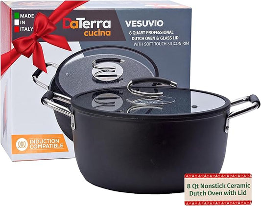 DaTerra Cucina ??8 Qt Nonstick Ceramic Dutch Oven with Lid ??Large Oven Safe Stock Pot, Induction Compatible, Lightweight, Lead & PFOA Free, Volcanic Black, Durable Nonstick Cookware ??Made in Italy
