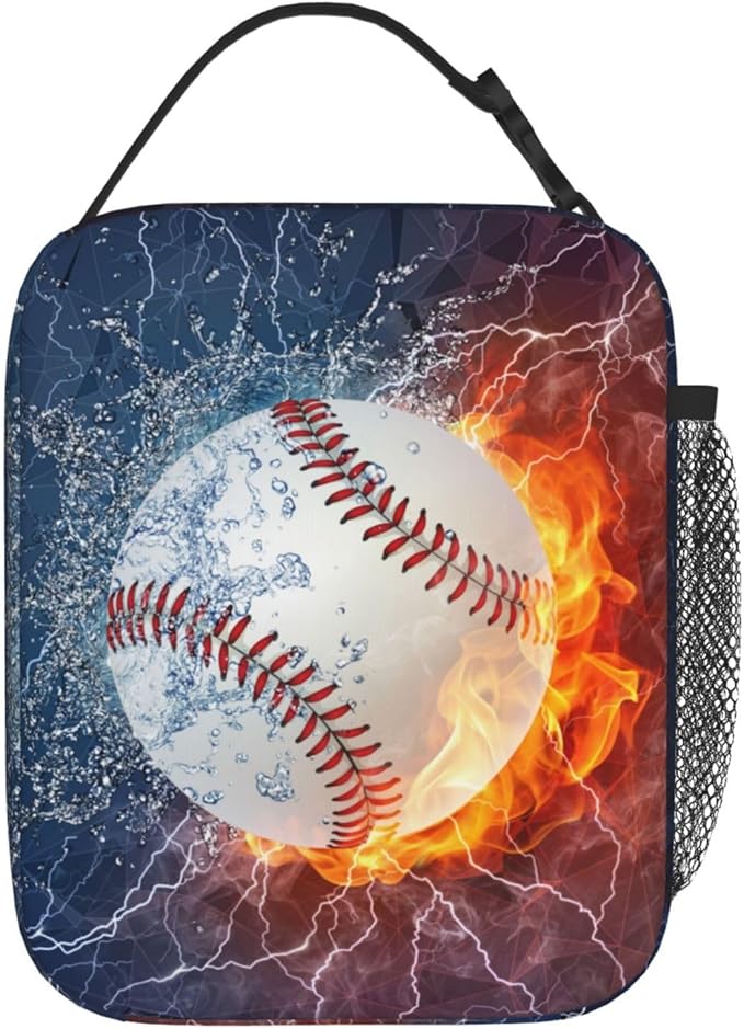 YIJIUWKIS Sports-Themed Baseball Lunch Box for Boys Girls Kids Teens Adults Reusable Insulated Lunch Bag with Fire & Water Printed Ice Packs Containers Tote Handbag