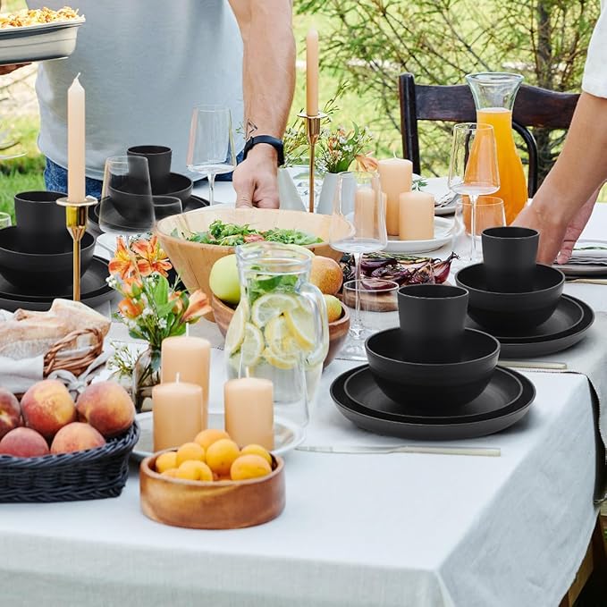 24-Piece Wheat Straw Plates and Bowls Set for 6, Black Unbreakable Dinnerware, Dishwasher & Microwave Safe, Reusable Eco-Friendly BPA-Free for Picnic Birthday Camping Outdoor Dining