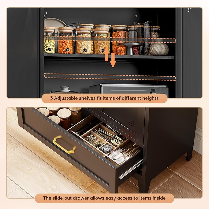 71" Black Kitchen Pantry Cabinet,4-Tier Tall Metal Storage Cabinet with Drawer,Freestanding Display Steel Cupboard for Dining Room,Living Room,Hallway,Bathroom