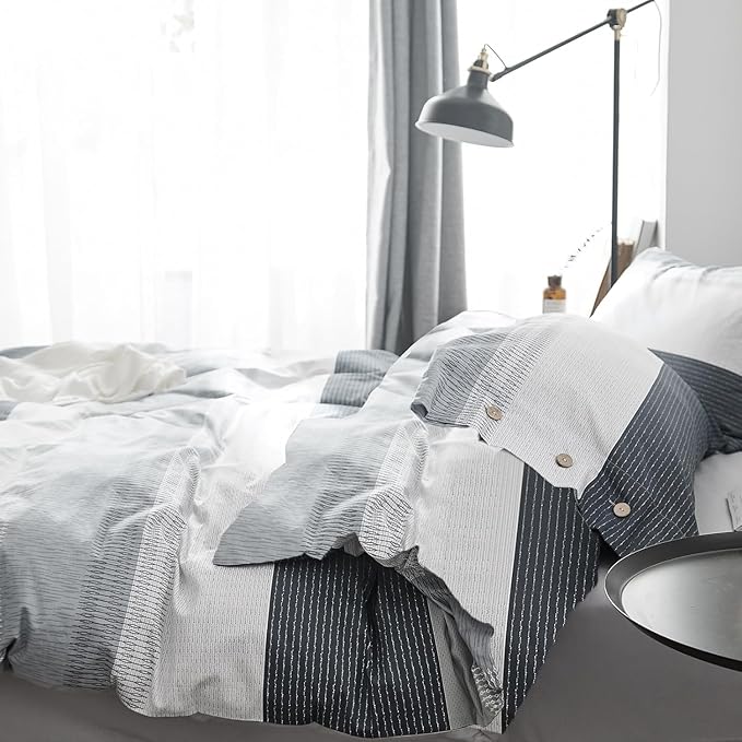 LifeTB Full Comforter Set Blue Grey Striped Bedding Comforter Set Lightweight Soft All Seasons Bedding Sets Fluffy Down Alternative Comforter 3 Pieces Bed Set 1 Striped Comforter with 2 Pillow Shams