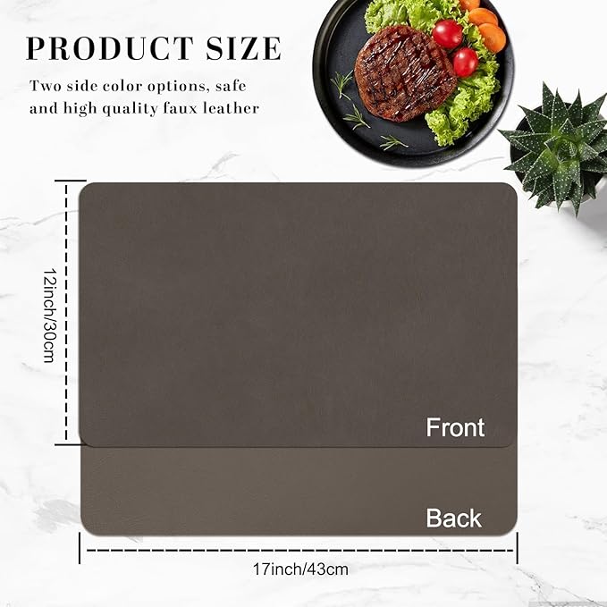 BLESWIN Faux Leather Placemats, Set of 6, 12횞17 Inch -Double Side Texture Color Table Mats, Heat-Resistant, Waterproof and Oil-Resistant, Suitable for Dining Room, Kitchen, Party, Outdoor - Dark Brown