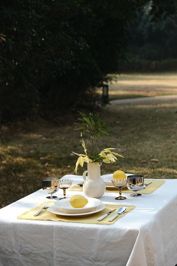 Noalumea 100% Linen Placemats Set of 4 ??Thick Mustard Yellow Table Mats with Hand-Frayed Edges, Machine Washable, Elegant Dining Table Decor for Everyday Meals & Holiday Gatherings, 14 x 19 Inch