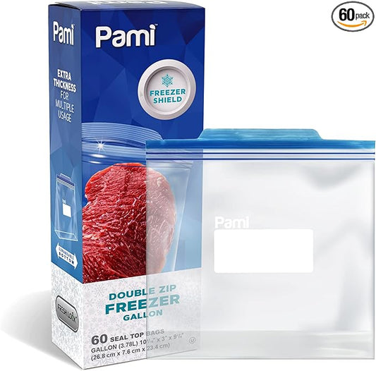 PAMI 60 Ct Reusable Leakproof Gallon Slider Freezer Bags with Expandable Bottom, Double Zipper Closure, Write on Label
