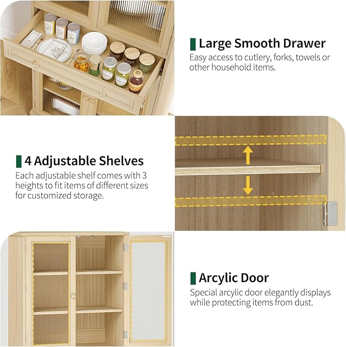 Kitchen Pantry Cabinet with Doors, 72" Tall Storage Cabinet with Adjustable Shelves, Wood Food Kitchen Pantry, Solid Freestanding Cupboard Display Cabinet for Dining Room Living Room